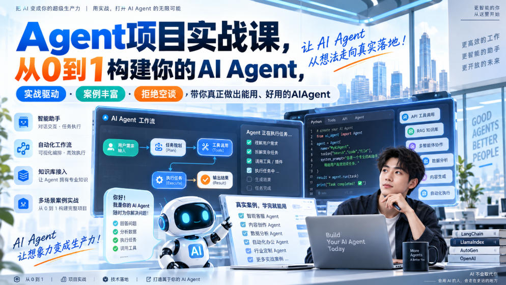 Agent项目实战课,从0到1构建你的AI Agent,实战驱动·案例丰富·拒绝空谈,带你真正做出能用、好用的AIAgent-御文网