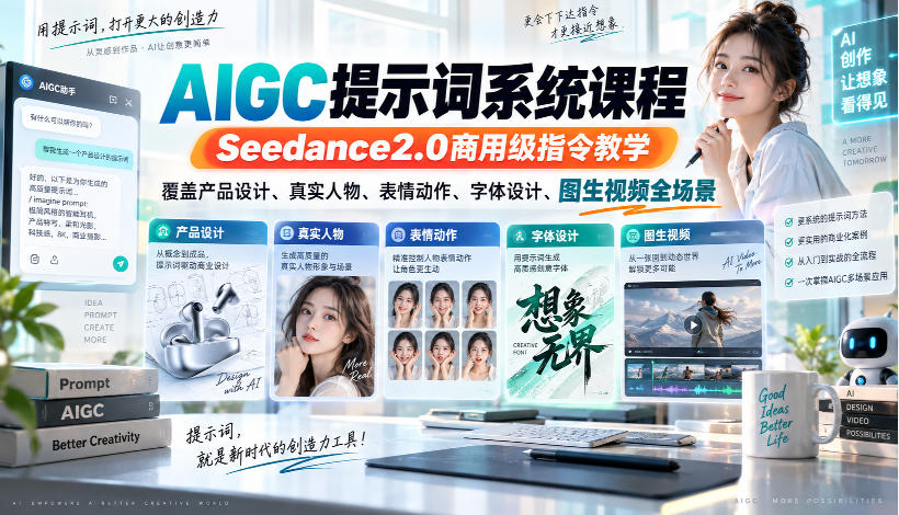 AIGC提示词系统课程,Seedance2.0商用级指令教学,覆盖产品设计、真实人物、表情动作、字体设计、图生视频全场景-御文网