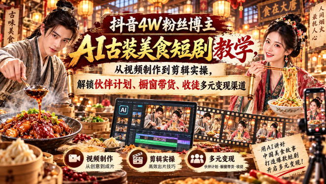 抖音4W粉丝博主AI古装美食短剧教学,从视频制作到剪辑实操,解锁伙伴计划、橱窗带货、收徒多元变现渠道-御文网