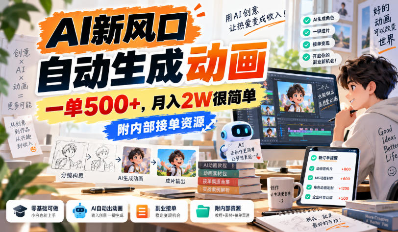 AI新风口,自动生成动画,一单500+,月入2W很简单,附内部接单资源【揭秘】-御文网