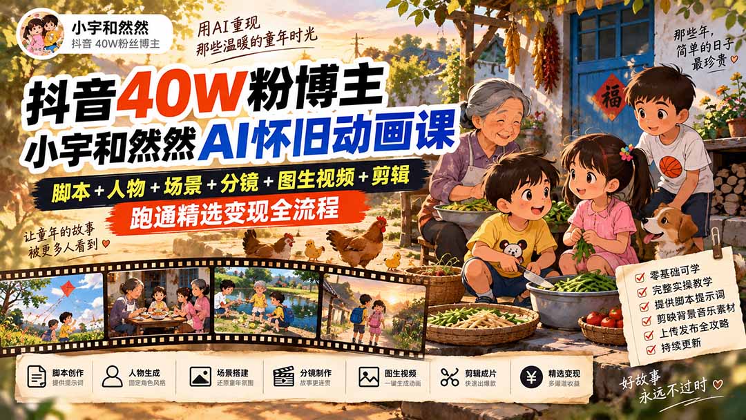 抖音40W粉博主小宇和然然AI怀旧动画课｜脚本+人物+场景+分镜+图生视频+剪辑，跑通精选变现全流程-御文网