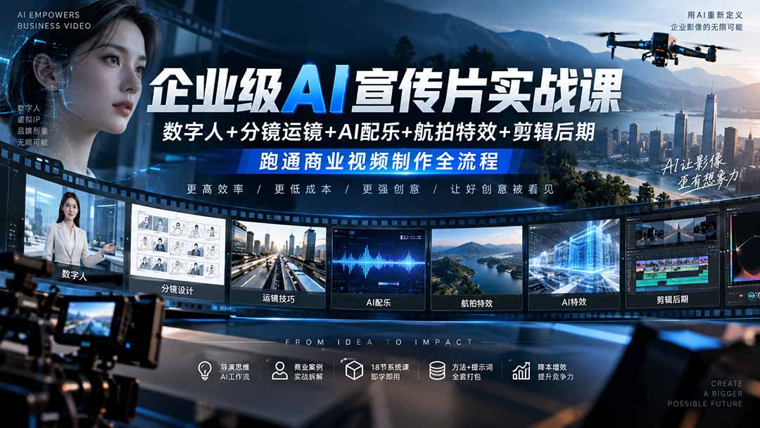 企业级AI宣传片实战课｜数字人+分镜运镜+AI配乐+航拍特效+剪辑后期，跑通商业视频制作全流程-御文网