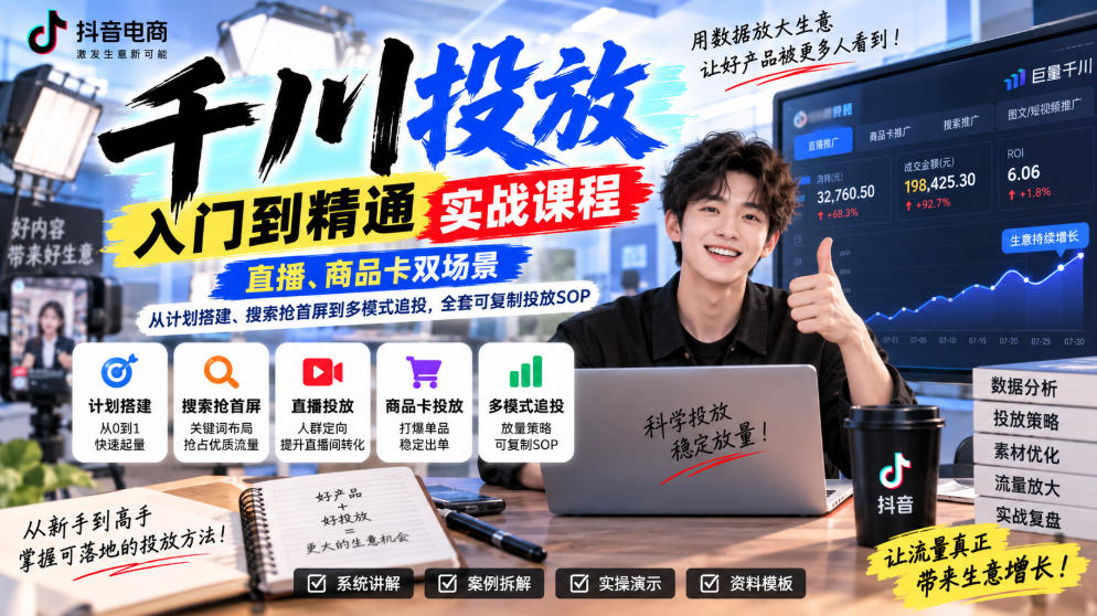 千川投放入门到精通实战课程,直播、商品卡双场景,从计划搭建、搜索抢首屏到多模式追投,全套可复制投放SOP-御文网
