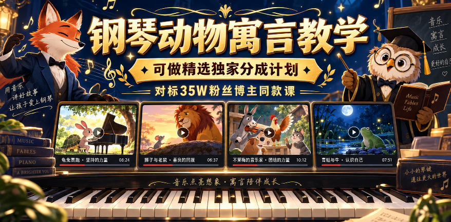 钢琴动物寓言教学,可做精选独家分成计划,对标35W粉丝博主同款课-御文网