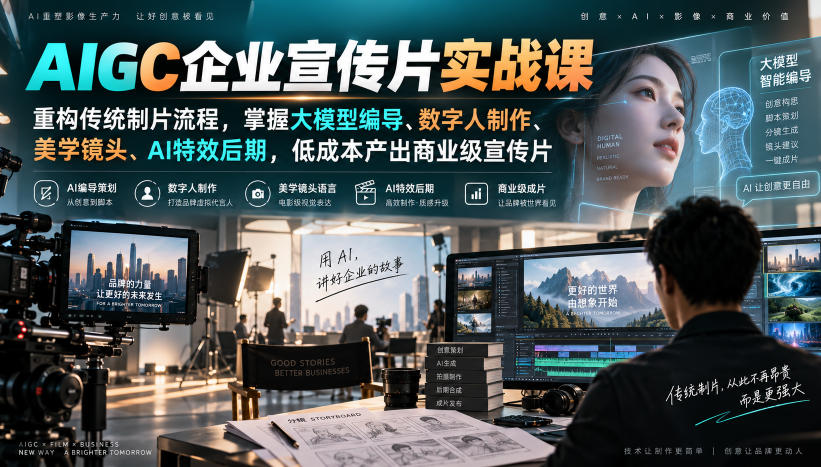 AIGC企业宣传片实战课,重构传统制片流程,掌握大模型编导、数字人制作、美学镜头、AI特效后期,低成本产出商业级宣传片-御文网