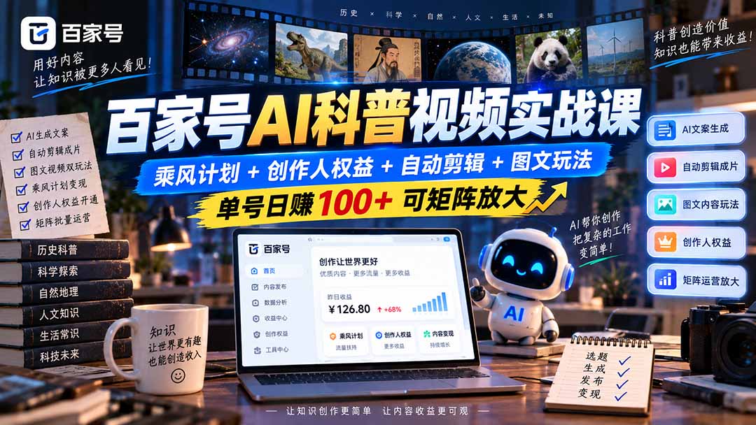 百家号AI科普视频实战课:乘风计划+创作人权益+自动剪辑+图文玩法,单号日赚100+可矩阵放大-御文网