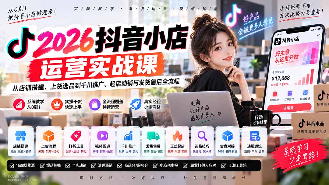 2026抖音小店运营实战课｜从店铺搭建、上货选品到千川推广、起店动销与发货售后全流程-御文网