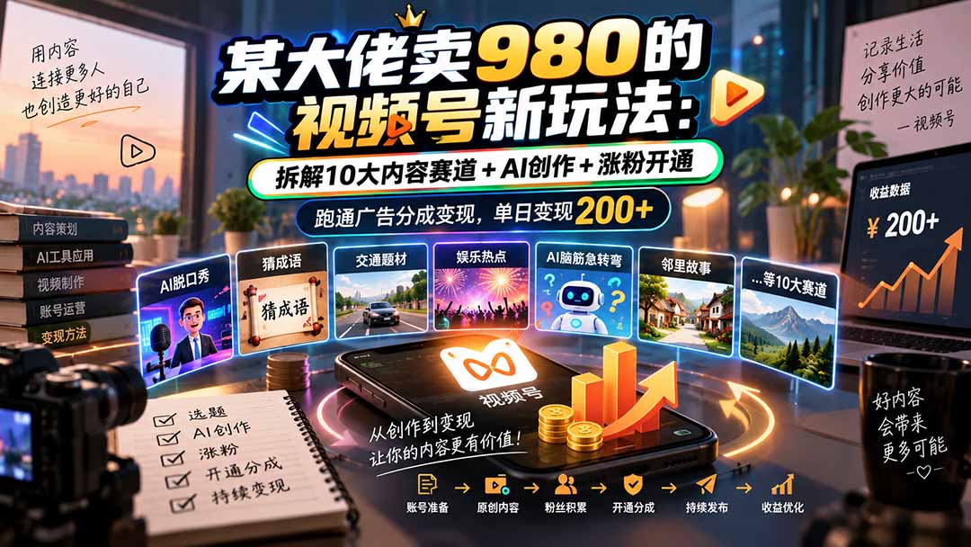 某大佬卖980的视频号新玩法：拆解10大内容赛道+AI创作+涨粉开通，跑通广告分成变现，单日变现200+-御文网