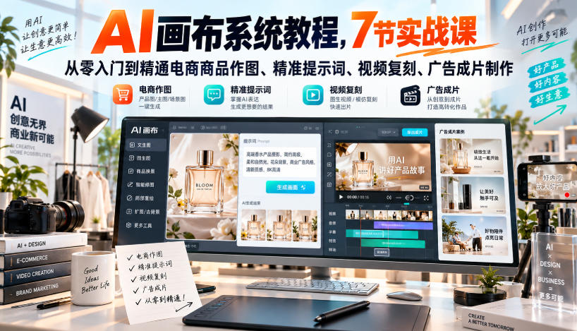AI画布系统教程，7节实战课从零入门到精通电商商品作图、精准提示词、视频复刻、广告成片制作-御文网