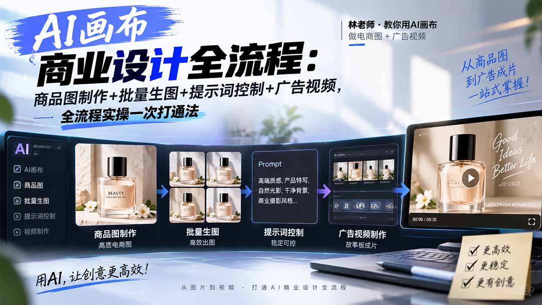AI画布商业设计全流程：商品图制作+批量生图+提示词控制+广告视频，全流程实操一次打通法-御文网