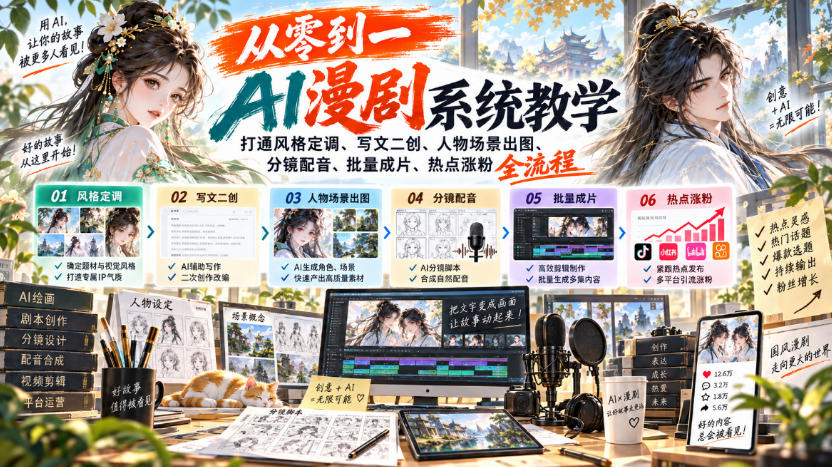 从零到一AI漫剧系统教学，打通风格定调、写文二创、人物场景出图、分镜配音、批量成片、热点涨粉全流程-御文网