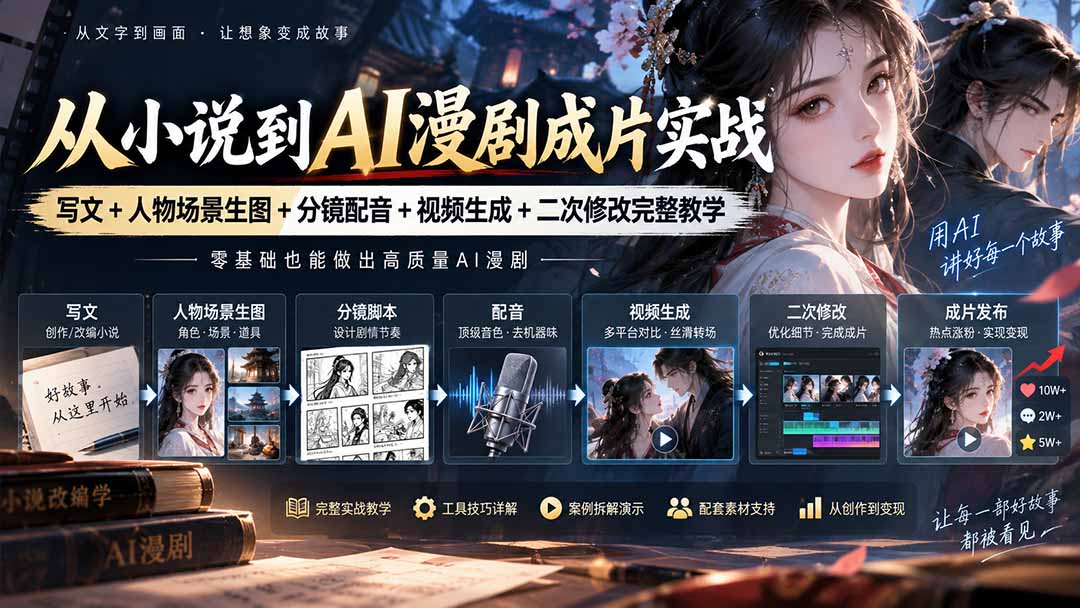 从小说到AI漫剧成片实战：写文+人物场景生图+分镜配音+视频生成+二次修改完整教学-御文网