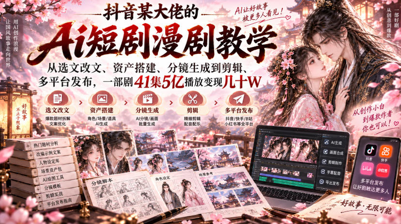 抖音某大佬的Ai短剧漫剧教学,从选文改文、资产搭建、分镜生成到剪辑、多平台发布,一部剧41集5亿播放变现几十W-御文网