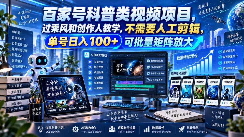 百家号科普类视频项目，过乘风和创作人教学，不需要人工剪辑，单号日入100+可批量矩阵放大-御文网
