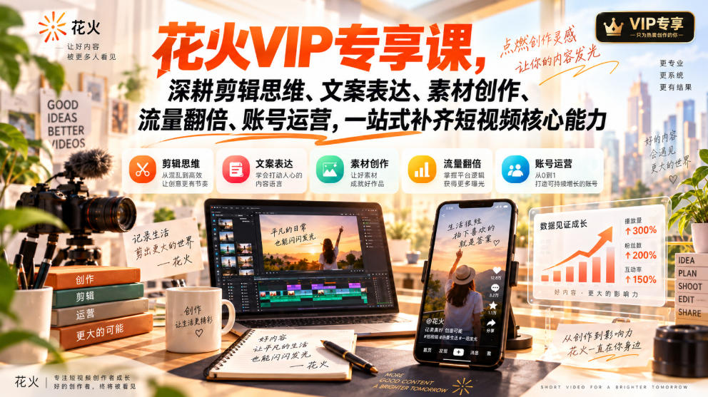 花火VIP专享课,深耕剪辑思维、文案表达、素材创作、流量翻倍、账号运营,一站式补齐短视频核心能力-御文网