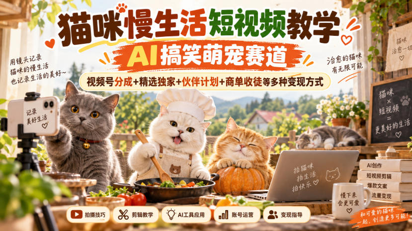 猫咪慢生活短视频教学，AI搞笑萌宠赛道，视频号分成+精选独家+伙伴计划+商单收徒等多种变现方式-御文网