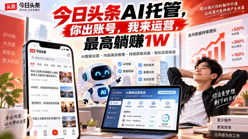 今日头条AI托管,你出账号,我来运营,最高躺賺1W【揭秘】-御文网