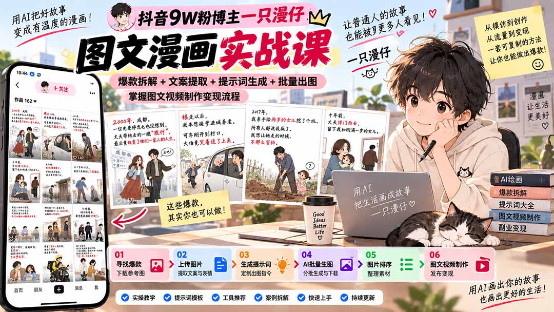 抖音9W粉博主一只漫仔图文漫画课：爆款拆解+文案提取+提示词生成+批量出图，掌握图文视频制作变现流程-御文网