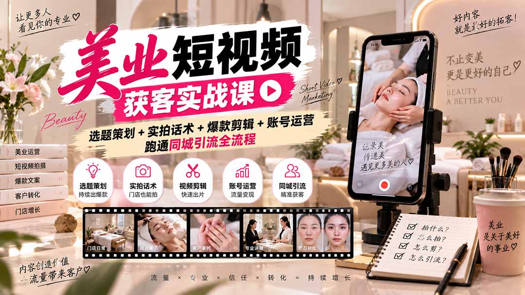 美业短视频获客实战课-无水印：选题策划+实拍话术+爆款剪辑+账号运营，跑通同城引流全流程-御文网