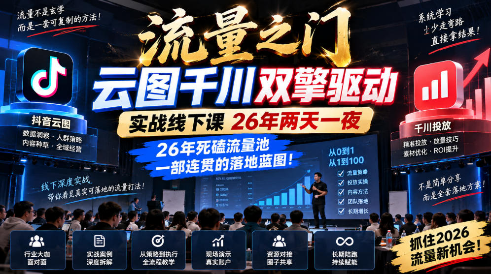 流量之门-云图千川双擎驱动实战线下课26年两天一夜,26年死磕流量池一部连贯的落地蓝图!-御文网