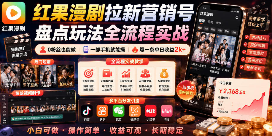 红果漫剧拉新营销号盘点玩法全流程实战，0粉丝也能做，一部手机就能做，爆一条单日收益2k+(更新0922)-御文网