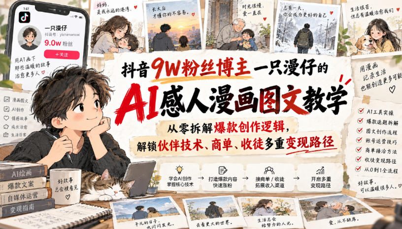 抖音9W粉丝博主一只漫仔的AI感人漫画图文教学，从零拆解爆款创作逻辑，解锁伙伴技术、商单、收徒多重变现路径-御文网