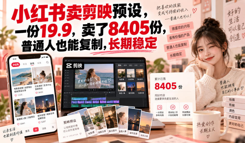 小红书卖剪映预设,一份19.9,卖了8405份,普通人也能复制,长期稳定-御文网