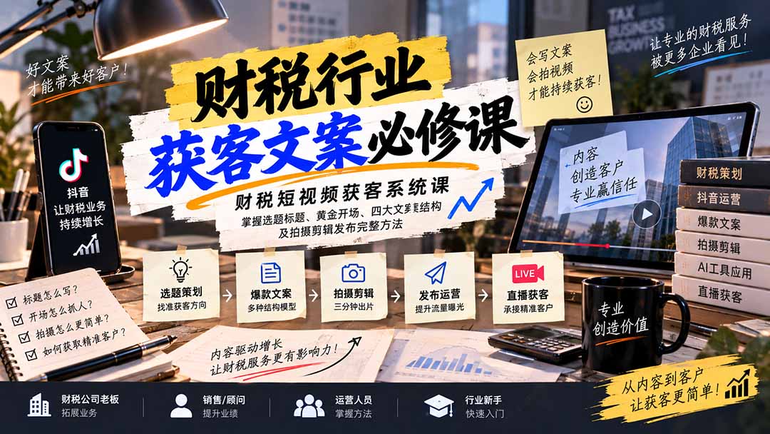 财税短视频获客系统课：掌握选题标题、黄金开场、四大文案结构及拍摄剪辑发布完整方法-御文网