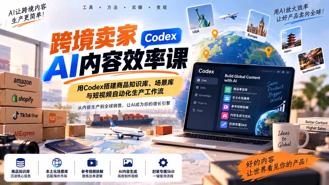 跨境卖家AI内容效率课:用Codex搭建商品知识库、场景库与短视频自动化生产工作流-御文网