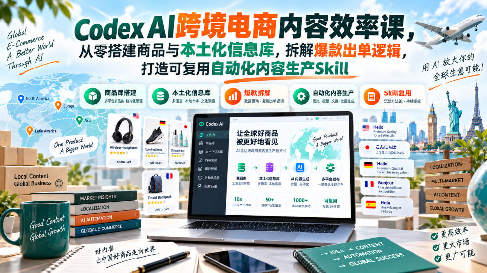 Codex AI跨境电商内容效率课，从零搭建商品与本土化信息库，拆解爆款出单逻辑，打造可复用自动化内容生产Skill-御文网