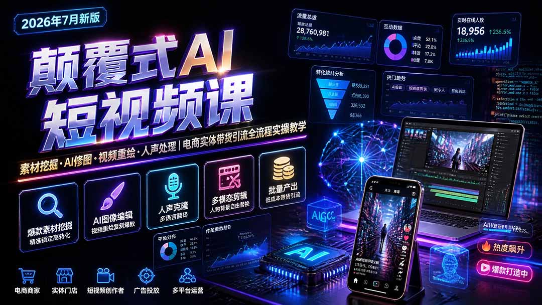 颠覆式AI短视频课-更新｜素材挖掘，AI修图，视频重绘，人声处理｜电商实体带货引流全流程实操教学-御文网