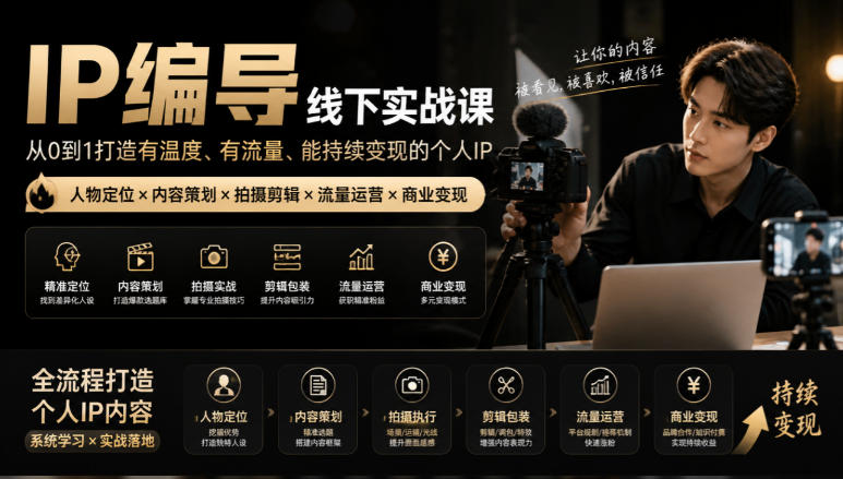 【无水印】IP编导线下实战课，从人物定位到短视频拍摄剪辑，全流程打造有温度、有流量、能持续变现的个人IP内容-御文网