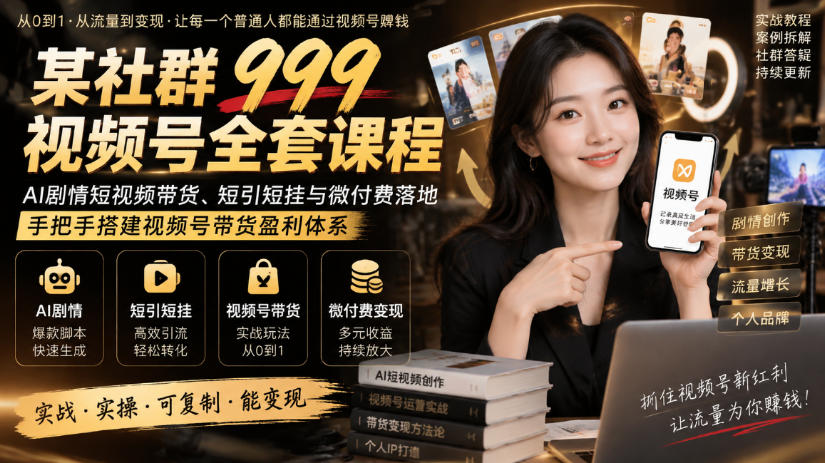 某社群999视频号全套课程,AI剧情短视频带货、短引短挂与微付费落地,手把手搭建视频号带货盈利体系-御文网