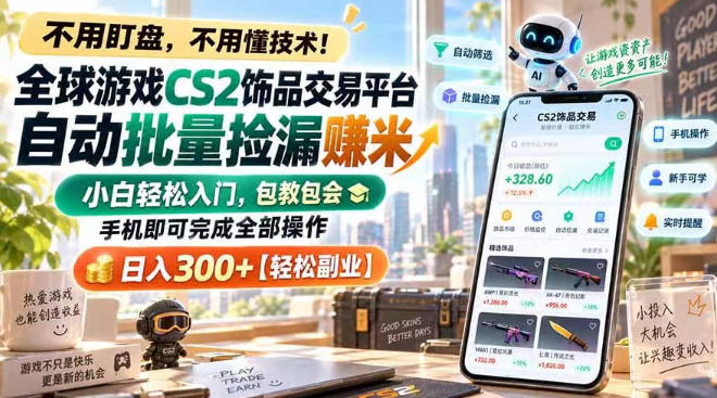全球游戏CS2饰品交易平台自动批量捡漏賺米，小白轻松入门，包教包会，手机即可完成全部操作，日入300+【揭秘】-御文网