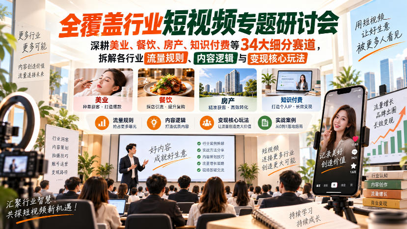 短视频专题研讨会，深耕美业、餐饮、房产、知识付费等34大细分赛道，拆解各行业流量规则、内容逻辑与变现核心玩法-御文网