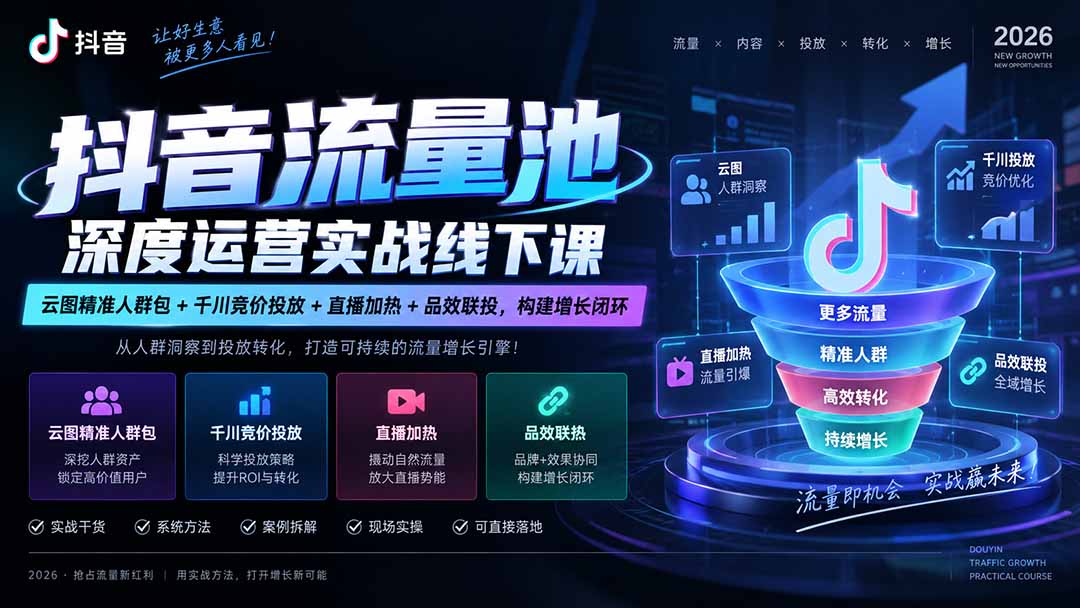抖音流量池深度运营实战线下课|云图精准人群包+千川竞价投放+直播加热+品效联投,构建增长闭环-御文网