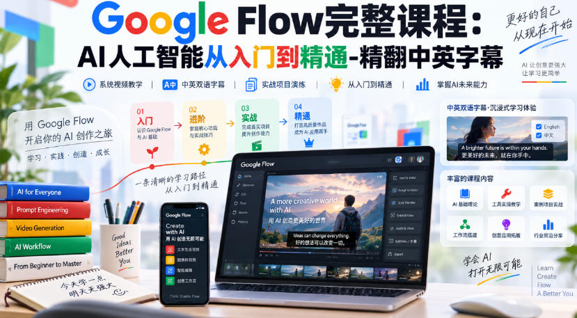 【无水印】Google Flow完整课程：AI人工智能从入门到精通-精翻中英字幕-御文网