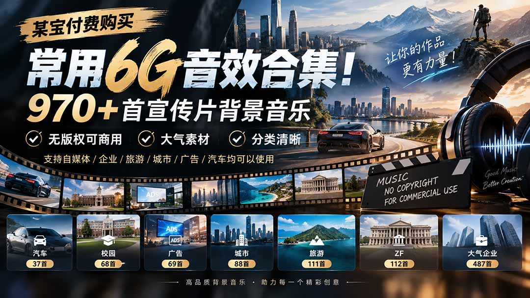 某宝付费购买，常用6G音效合集！970+首宣传片背景音乐，无版权可商用大气素材，分类清晰-御文网
