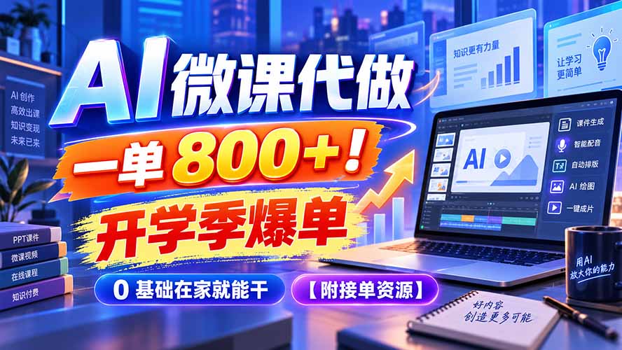 AI 微课代做，一单 800+！开学季爆单，0 基础在家就能干【附接单资源】-御文网