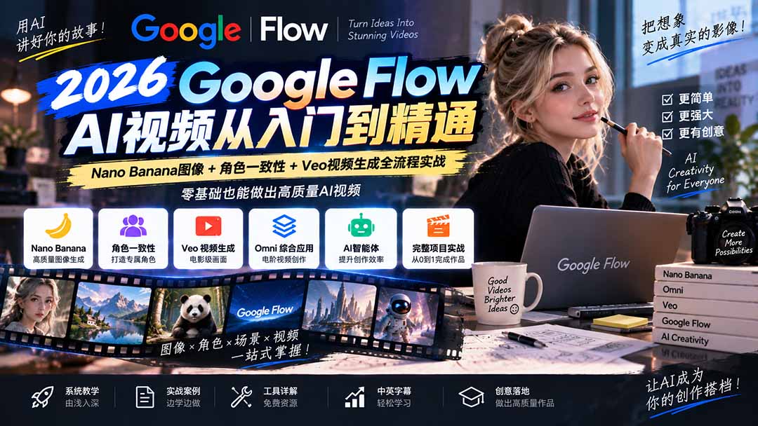 【无水印】Google Flow AI视频从入门到精通：Nano Banana图像+角色一致性+Veo视频生成全流程实战-精翻中英字幕-御文网