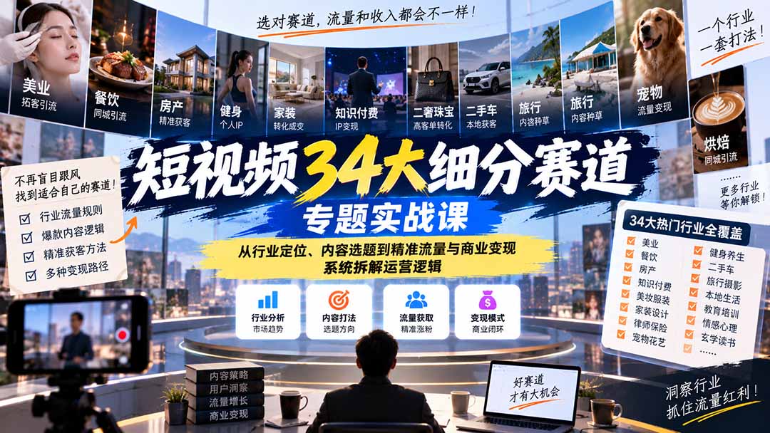 短视频34大细分赛道专题实战课：从行业定位、内容选题到精准流量与商业变现，系统拆解运营逻辑-御文网