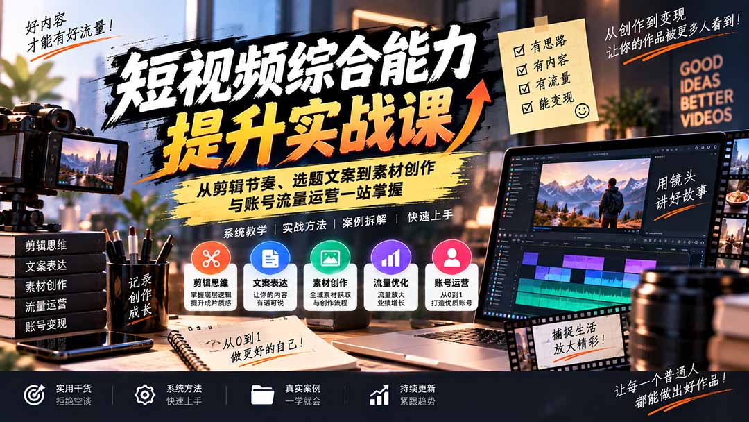 短视频综合能力提升实战课：从剪辑节奏、选题文案到素材创作与账号流量运营一站掌握-御文网