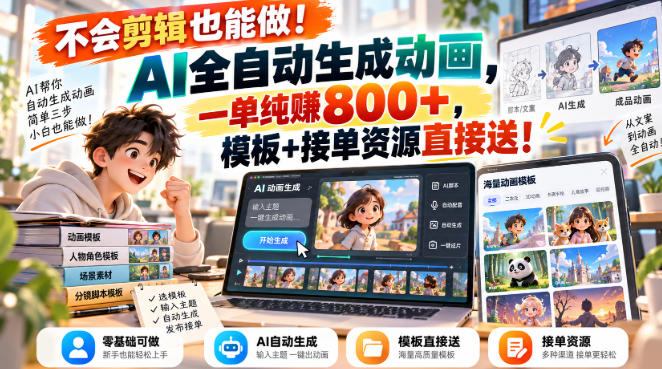 不会剪辑也能做！AI全自动生成动画，一单纯賺800+，模板+接单资源直接送！【揭秘】-御文网