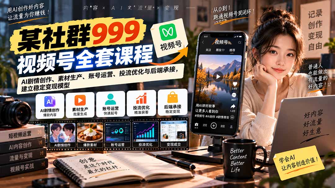 【无水印】某社群999视频号全套课程:AI剧情创作、素材生产、账号运营、投流优化与后端承接,建立稳定变现模型-御文网
