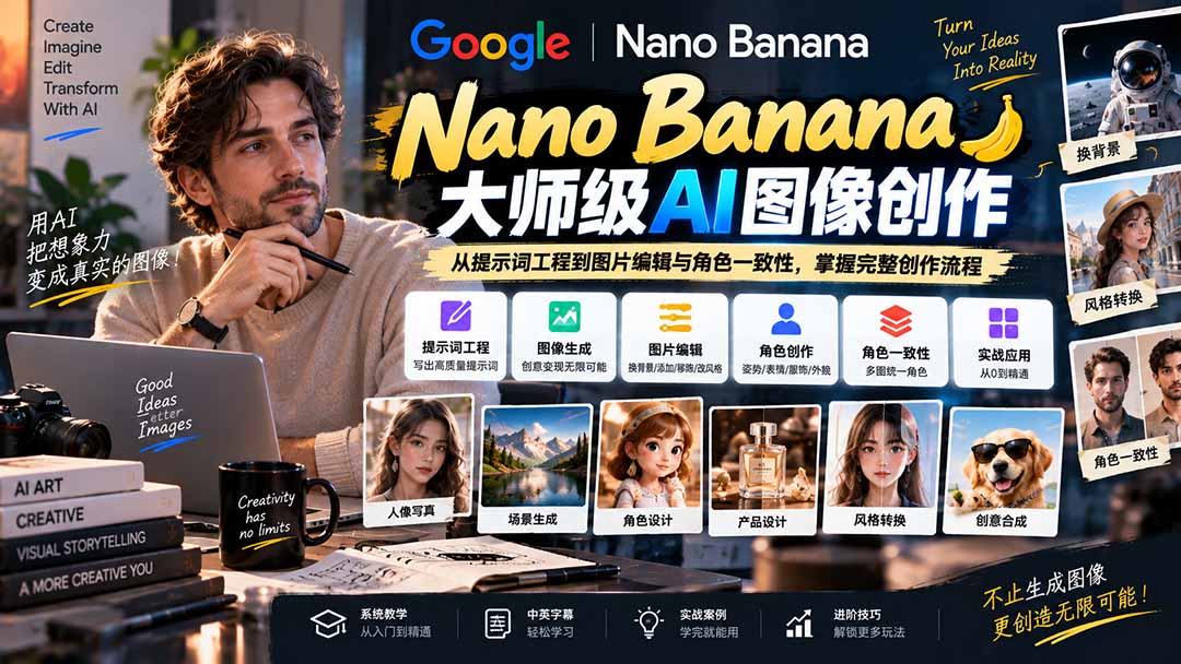 【无水印】Nano Banana大师级AI图像实战课:从提示词工程到图片编辑与角色一致性,掌握完整创作流程-御文网