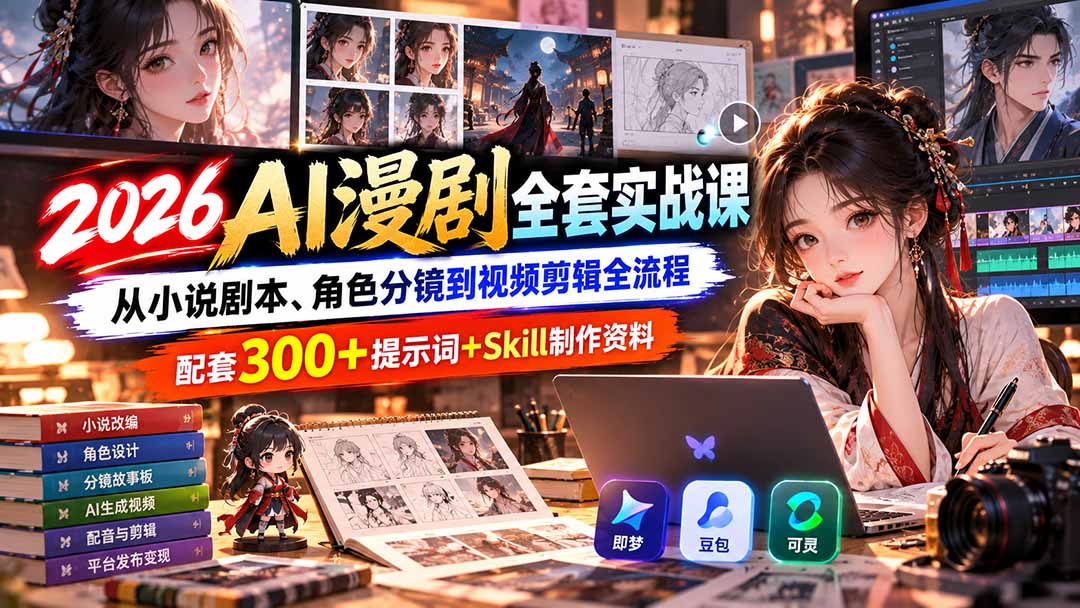 【无水印】2026AI漫剧全套实战课:从小说剧本、角色分镜到视频剪辑全流程,配套300+提示词+Skill制作资料-御文网