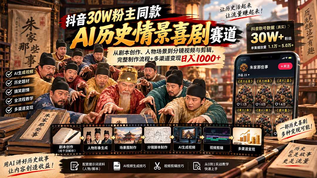 抖音30W粉博主同款AI历史情景喜剧赛道:从剧本创作、人物场景到分镜视频与剪辑,完整制作流程+多渠道变现日入1000+-御文网