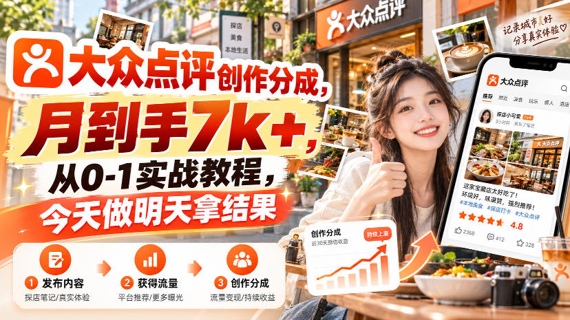 大众点评创作分成,月到手7k+,从0-1实战教程,今天做明天拿结果-御文网