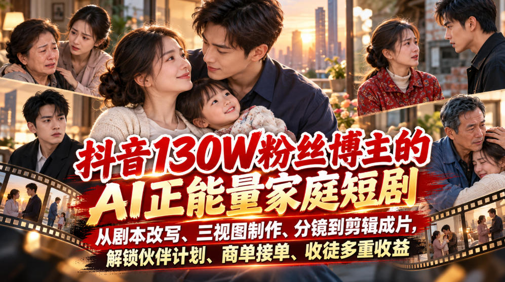 抖音130W粉丝博主的AI正能量家庭短剧,从剧本改写、三视图制作、分镜到剪辑成片,解锁伙伴计划、商单接单、收徒多重收益-御文网