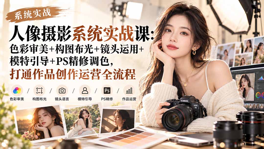 【无水印】人像摄影系统实战课:色彩审美+构图布光+镜头运用+模特引导+PS精修调色,打通作品创作运营全流程-御文网